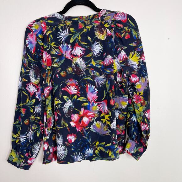 J Crew Silk Pleated Floral Popover Blouse Top Navy Blue XSmall K1822 Womens - Picture 2 of 11